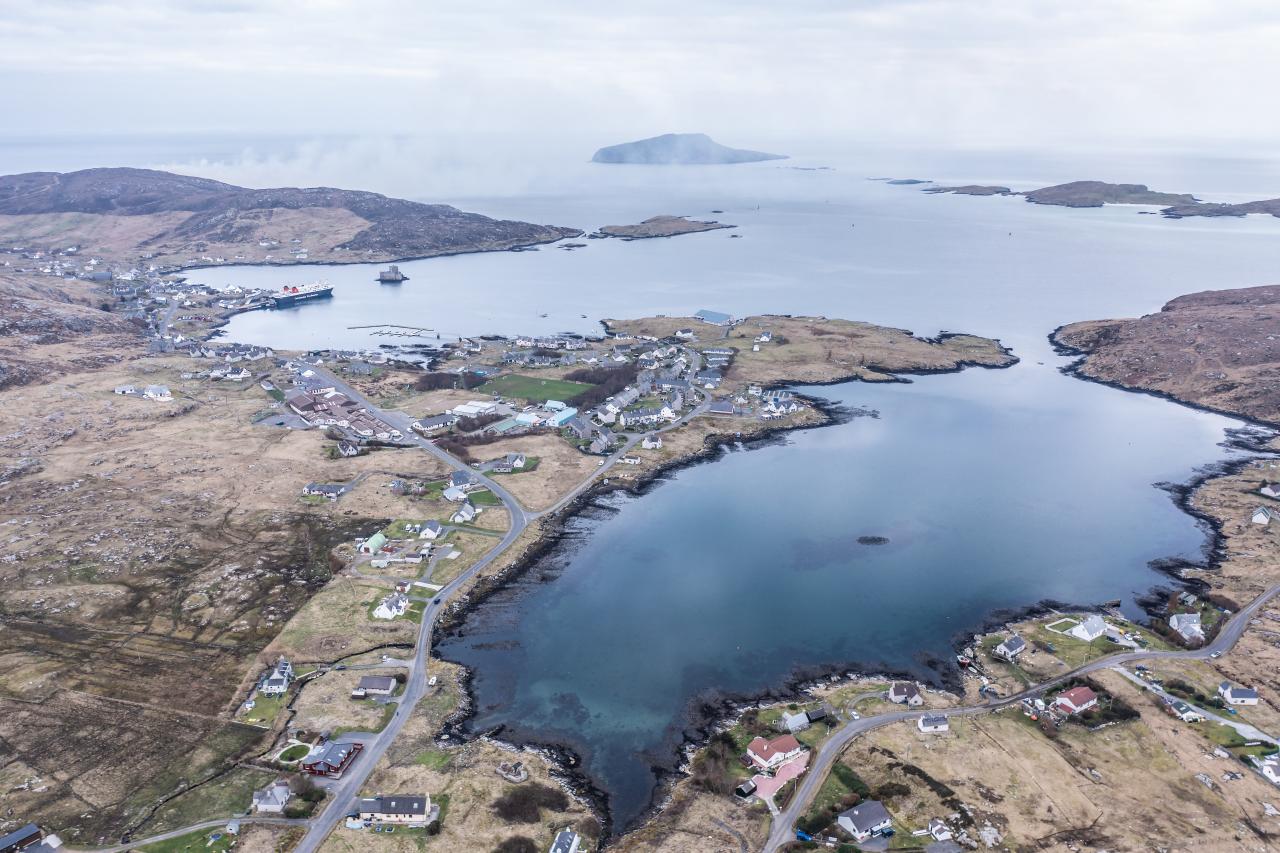 Barra and Vatersay - aerial photograph of the main settlement Castlebay