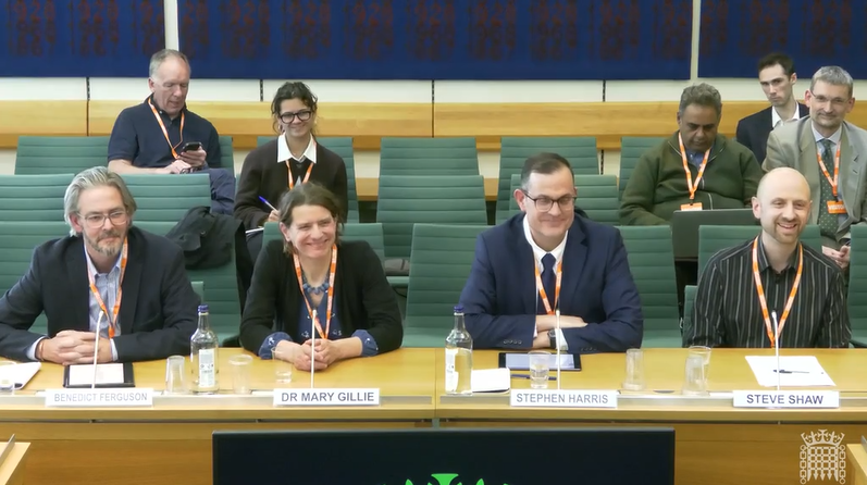 Dr Mary Gillie giving evidence to the Commons Energy Security and Net Zero Committee. L-r: Benedict Ferguson (Community Energy Wales), Dr Mary Gillie, Stephen Harris (OVO Energy), Steve Shaw (Power for People)