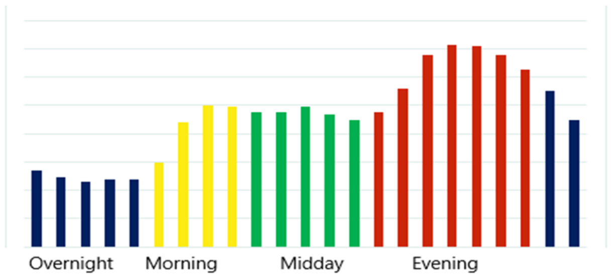 Chart showing low useage overnight, medium use in the morning, and high use in the evening.
