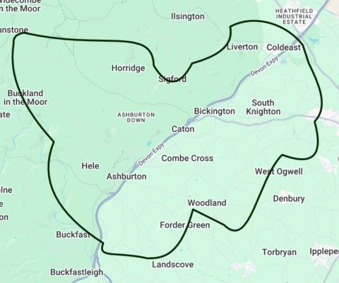 The map shows the boundary of the area connected to the local electricity substation & the extent of the Energy Local Ashburton club.